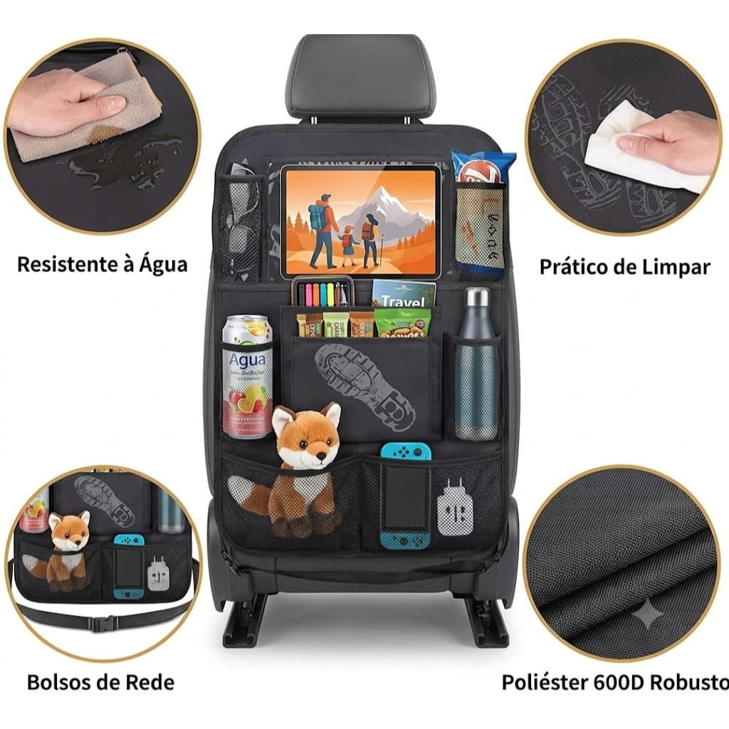 Organizador de Banco Traseiro para Carro Multi-Bolsos Preto Suporte Tablet e Celular Bolsos Laterais em Tela Universal