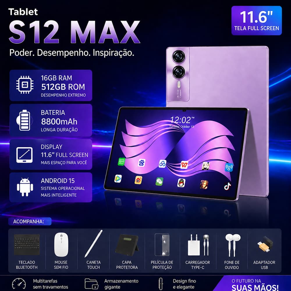 【Oferta Relâmpago】Galaxy Tablet S12 MAX 16GB + 512GB ROM | Tela 11.6" 120Hz 4K | MTK 6799 | Bateria 8800mAh | Android 15
