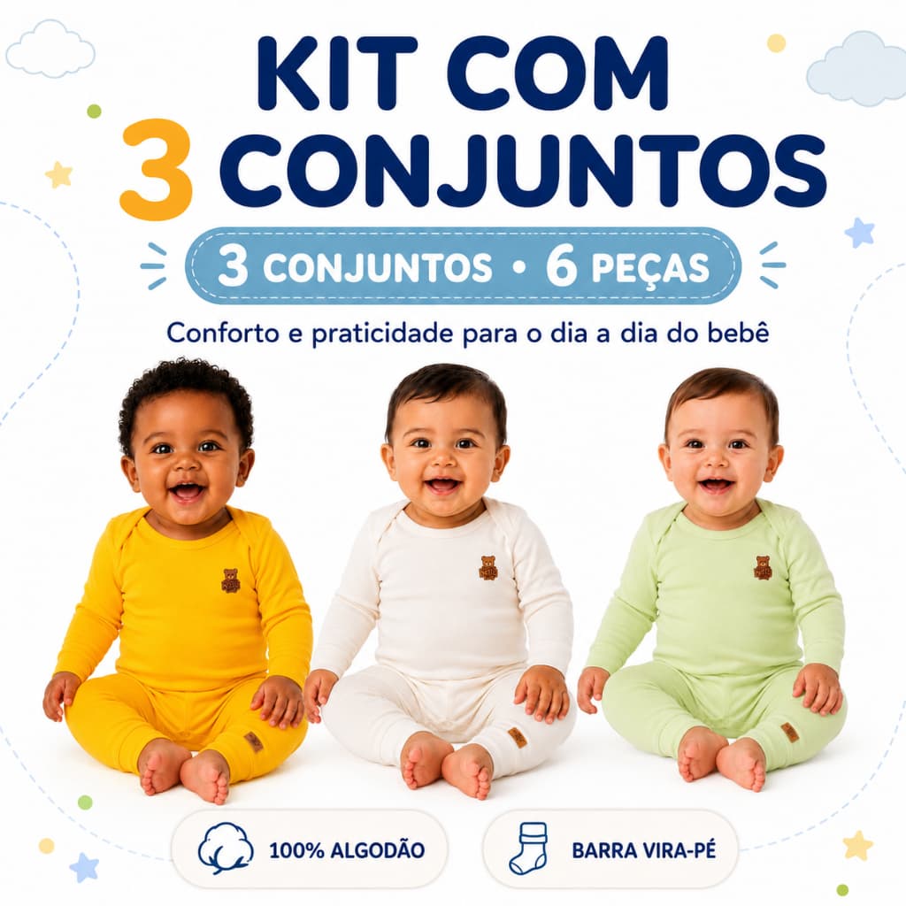Kit 6 roupas de Bebê Body Manga Longa e Mijão Algodão Suedine Roupa Bebê Menino Menina RN P M G Enxoval