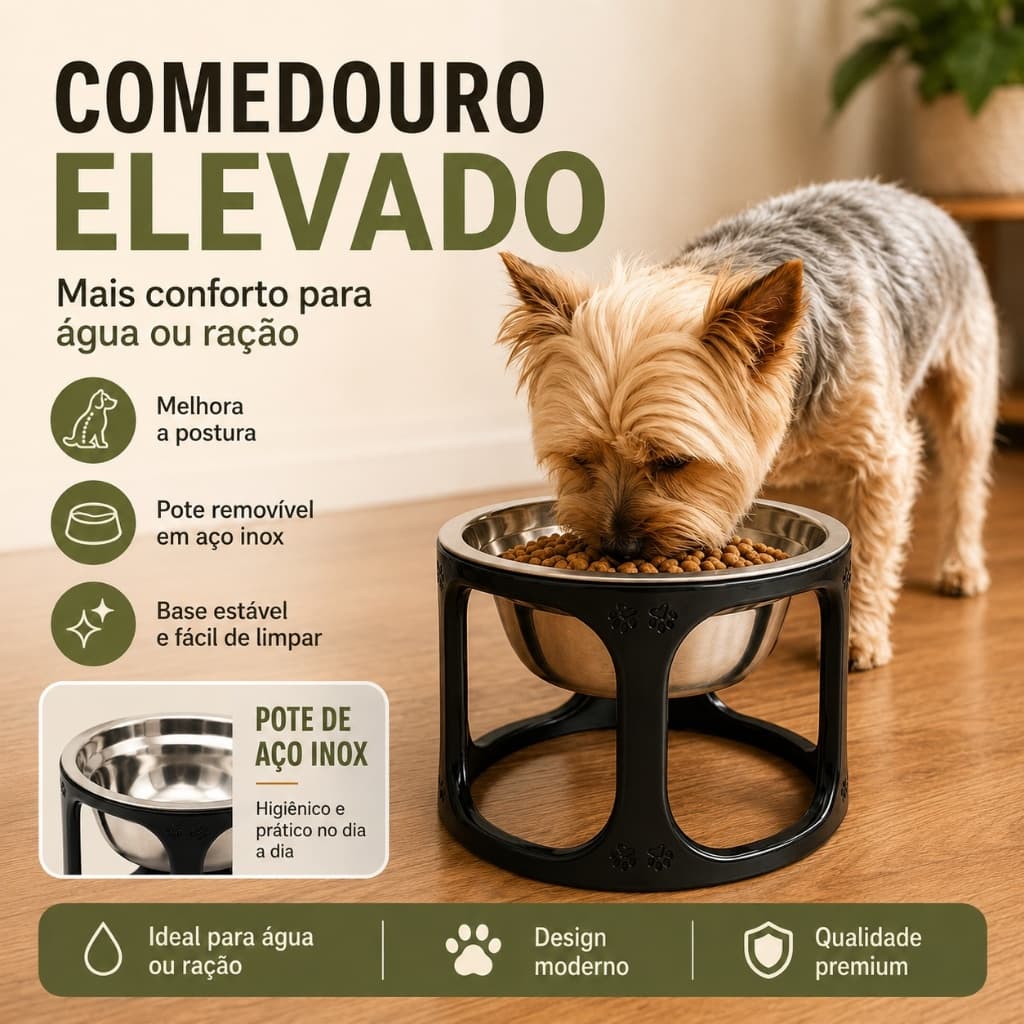 Comedouro Bebedouro Elevado Inox Pet Cachorro Gato Tigela Ração  Água Antivômito Premium