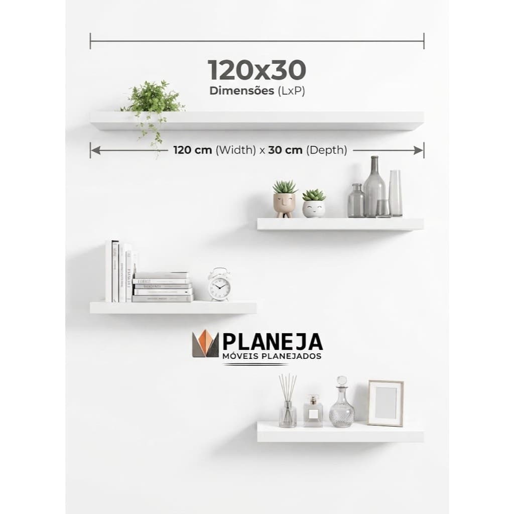Prateleiras em Mdf 120x30cm  Branca - Preto - Freijó 15mm  |  Suporte Invisivel | Parede