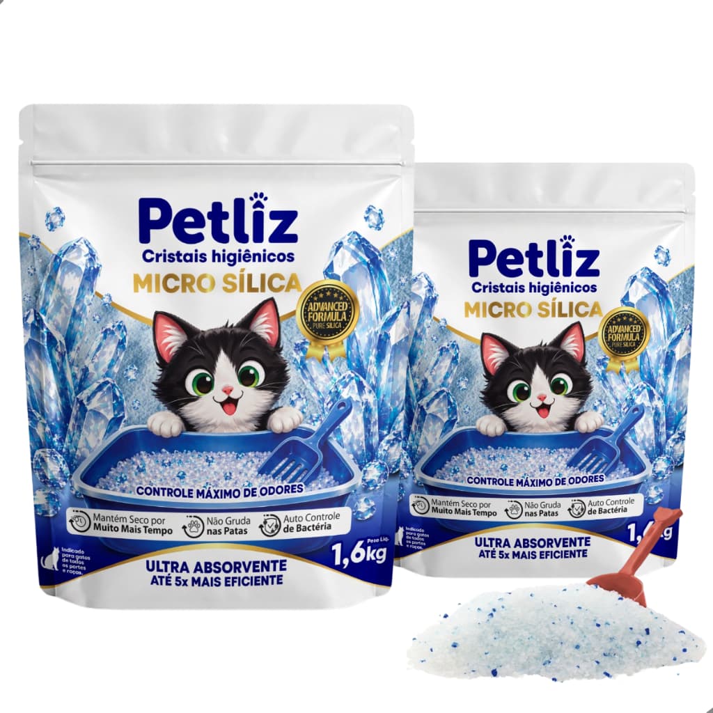 Kit 2 Areia Sanitária Higiênica pra Gatos Micro Cristas de Sílica Fina Ultra Absorvente Petliz 1,6kg