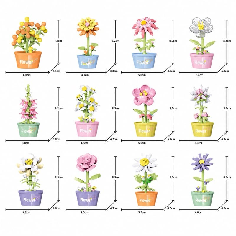 Mini Flores em Blocos de Montar com Vaso Decoração Presente Estilo Lego