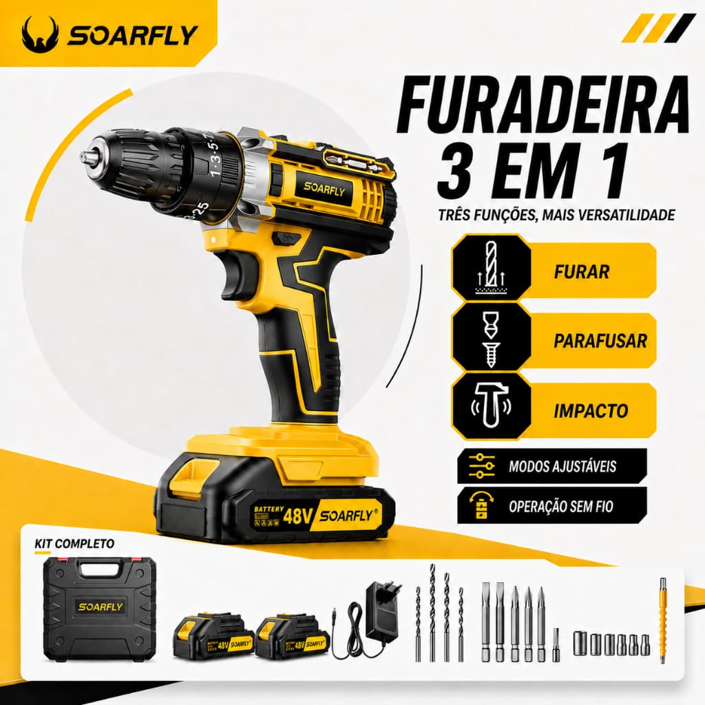 Parafusadeira Furadeira Sem Fio com Impacto 48V, Duas Baterias, Maleta Completa com Acessórios e Brocas, Bivolt
