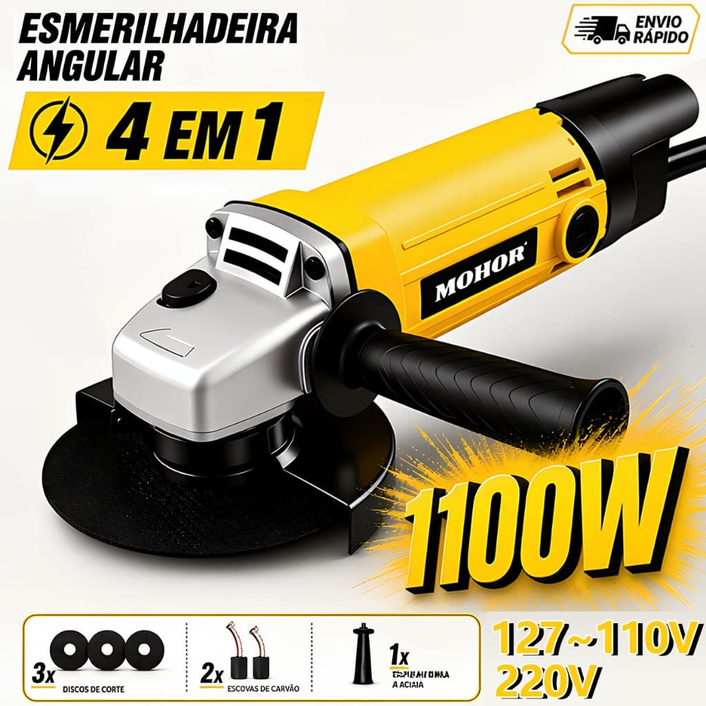 Esmerilhadeira Angular 1100W Ferramenta Elétrica Lixadeira Profissional  110V Com Empunhadura Lateral