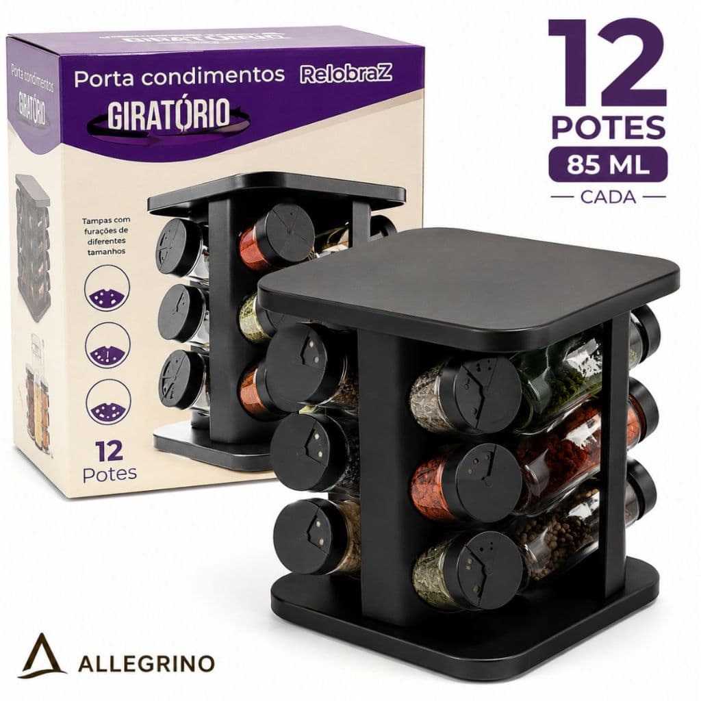 Porta Condimentos Giratório 12 Potes 85ml Organizador De Temperos Preto Cozinha Moderno