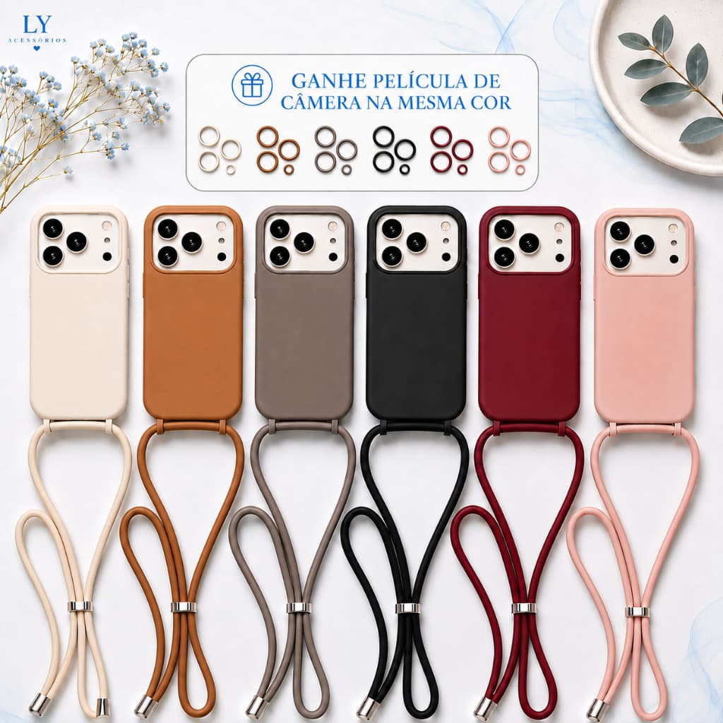 Capa Capinha com Cordão para iPhone 17 17 Air 16 16E/17E 15 14 13 12 11 Pro Max TPU Aveludada Antichoque