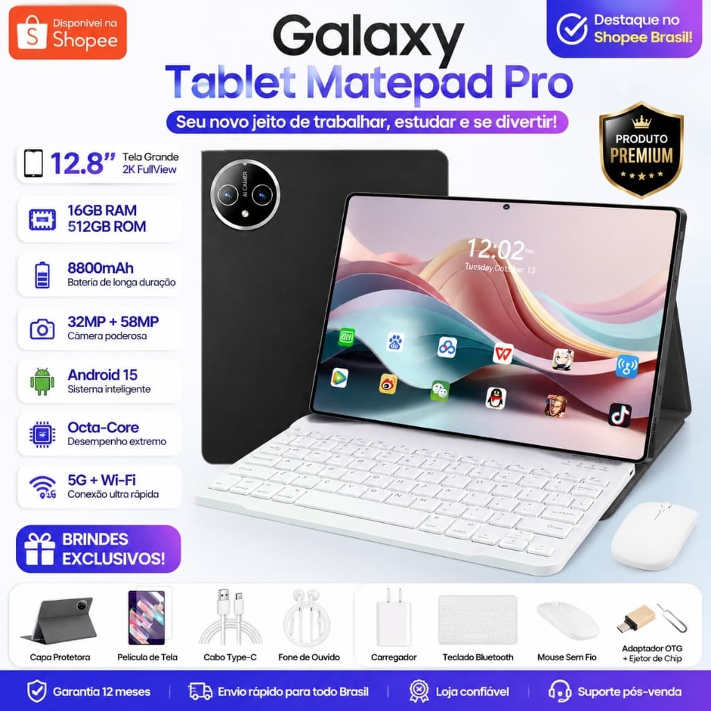 Galaxy Tablet Matepad Pro 12.8" 2K Tela Gigante 16GB+512GB Android 15 Híbrido 5G WiFi 6 Câmera 58MP + Brindes Exclusivos