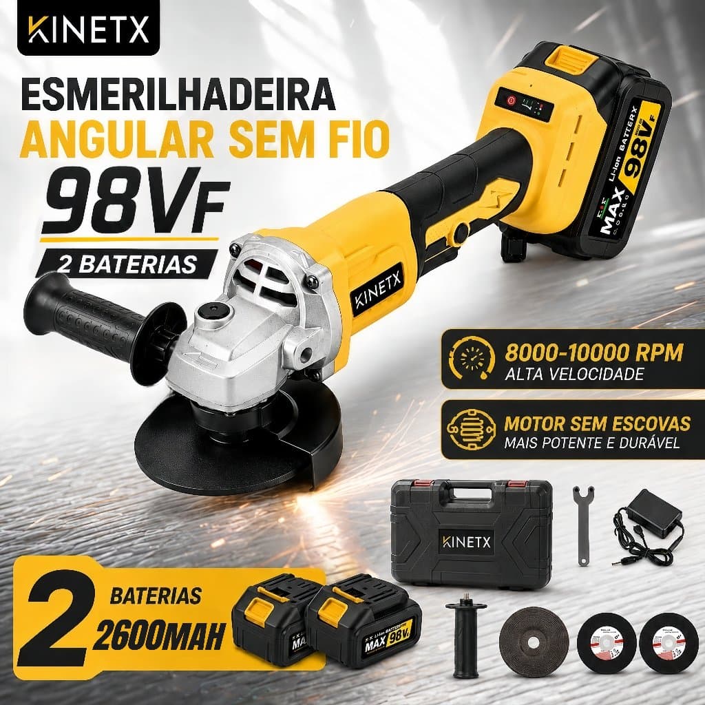 1000W 125mm Esmerilhadeira Angular A Baterias*2 98VF Sem Fio Brushless KINETX Lixadeira Elétrica Potente Corte Fácil