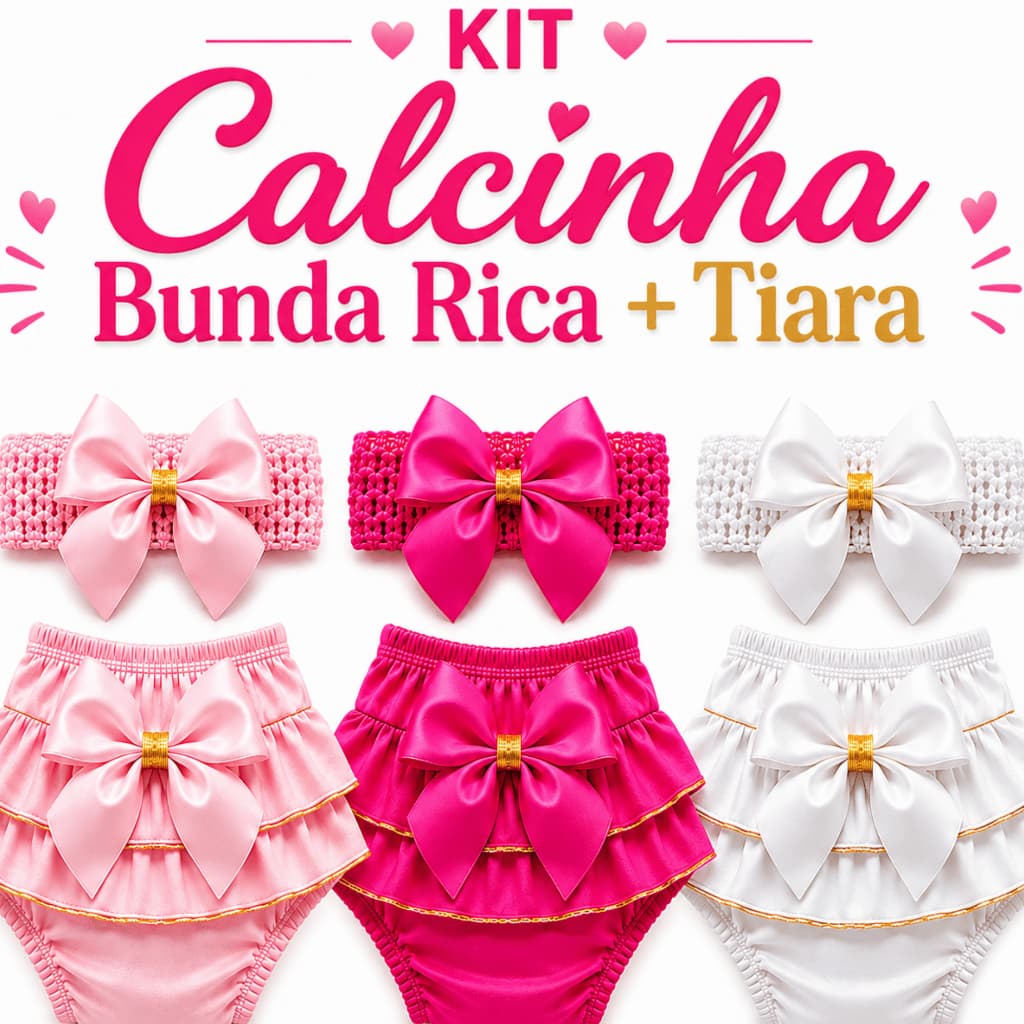 Kit Calcinha Bunda Rica Bebê Menina + Tiara Faixa de Cabelo Laço Cetim Tapa Fralda Luxo Recém Nascida