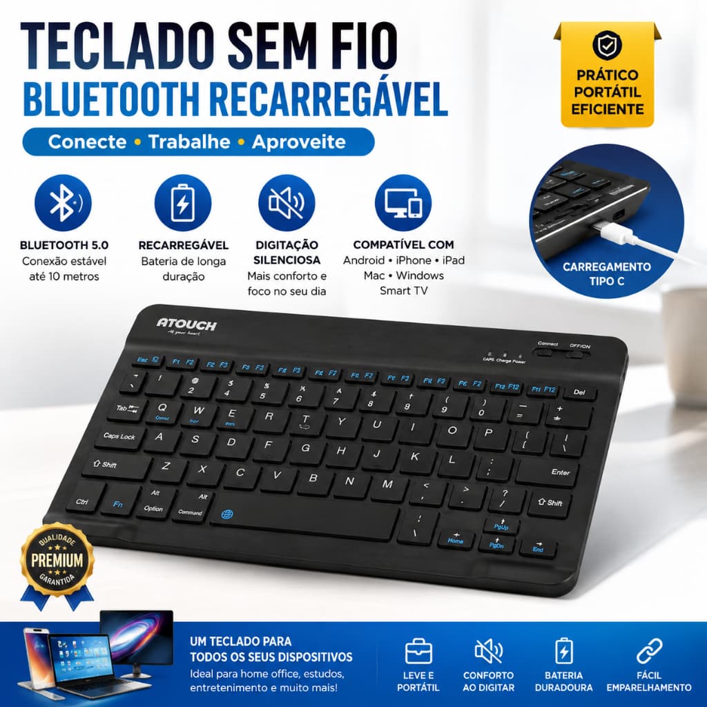 Teclado Bluetooth Sem Fio Recarregável Portátil para Tablet Celular Notebook Android iOS Windows Type-C