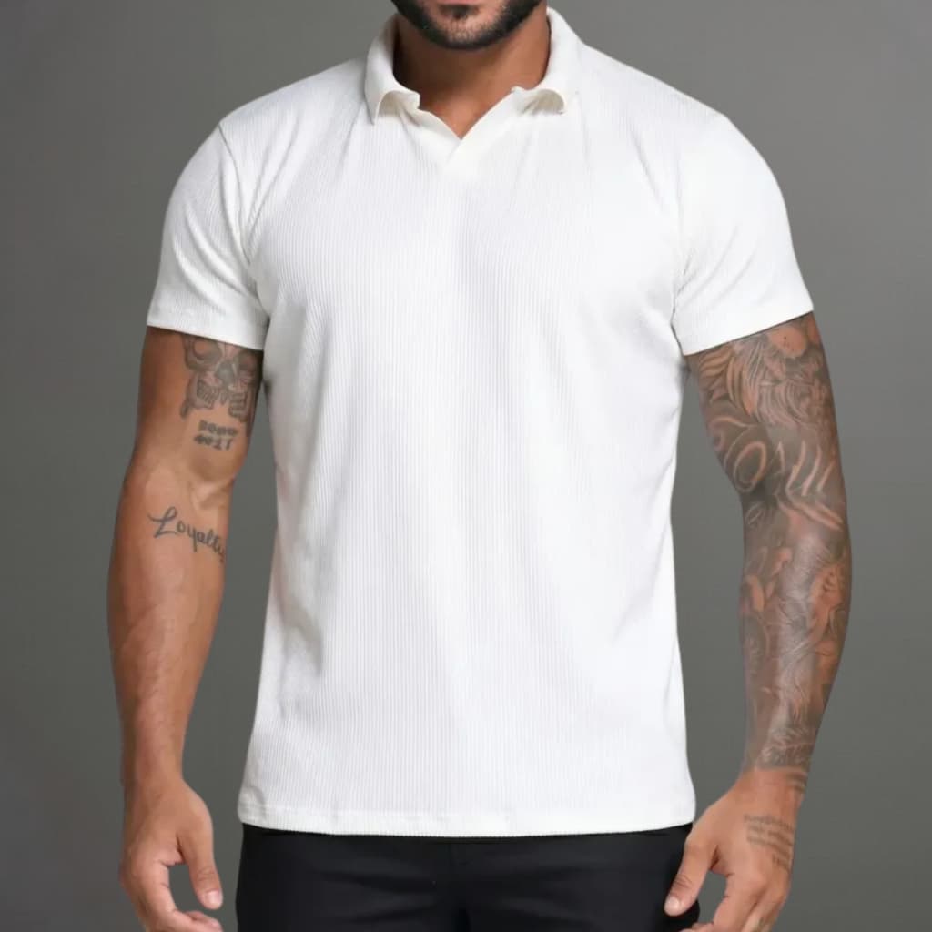 Camisa Polo Masculina Canelada Ribana Gola V Decote V Slim Fit Malha Texturizada Social Casual