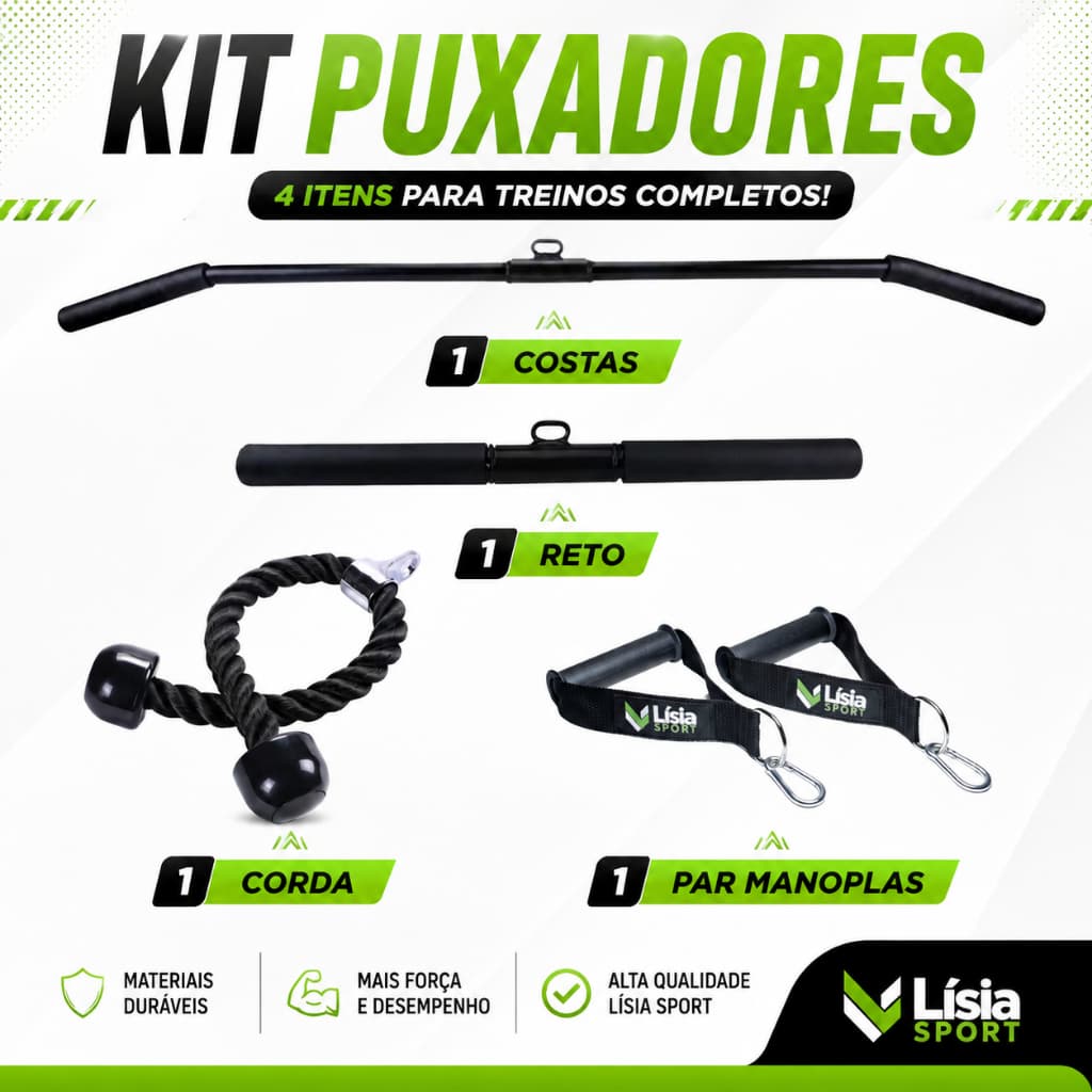Kit 4 Barra Puxador Reto Costas 120cm Corda Tríceps Par Manopla Fita Academia Musculação Treino Gym