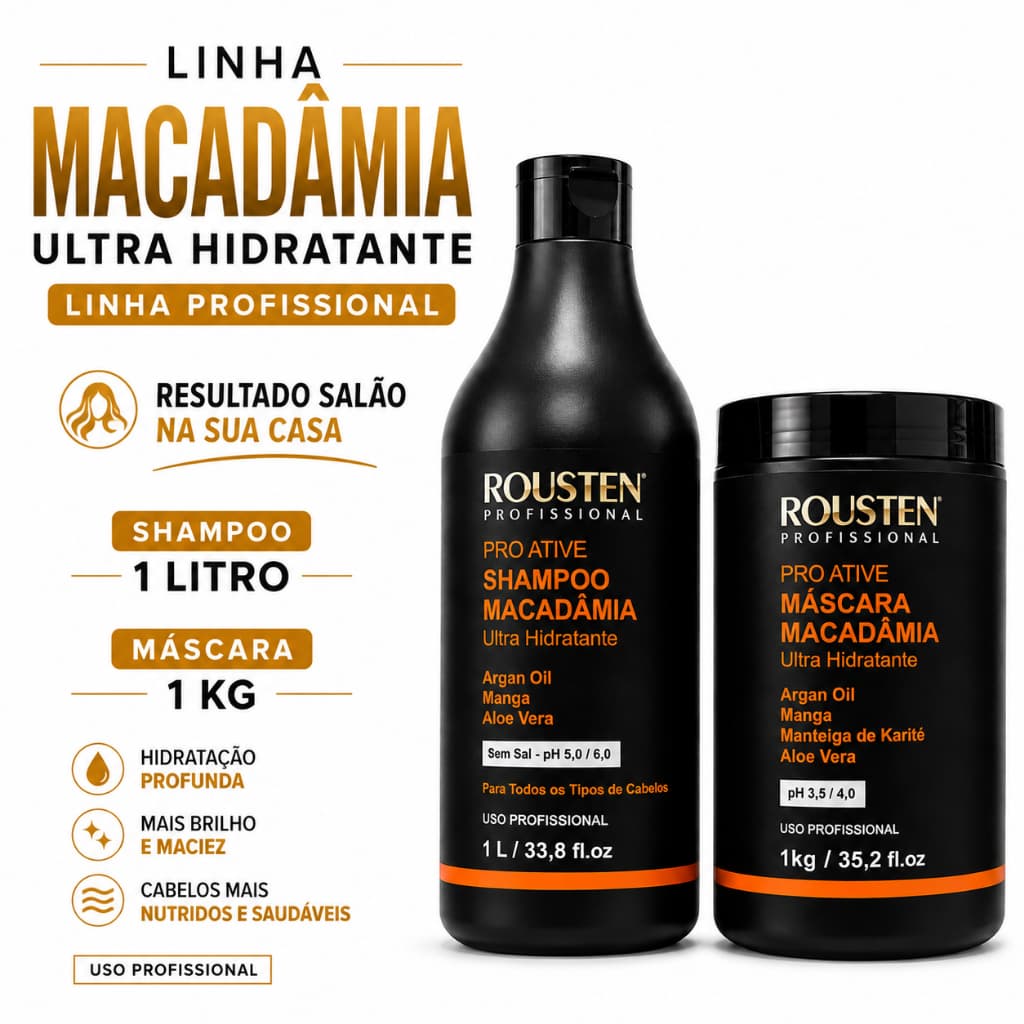 Kit Salão de Beleza Shampoo 1L + Máscara 1K Macadâmia Ultra Hidratante Rousten Profissional + BRINDE