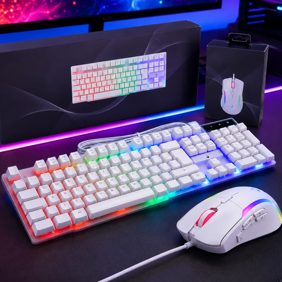 Kit Gamer Branco Rise Teclado Semi Mecânico RGB + Mouse Gamer Laser 16000 DPI 9 Botões Branco USB PC Notebook Computador