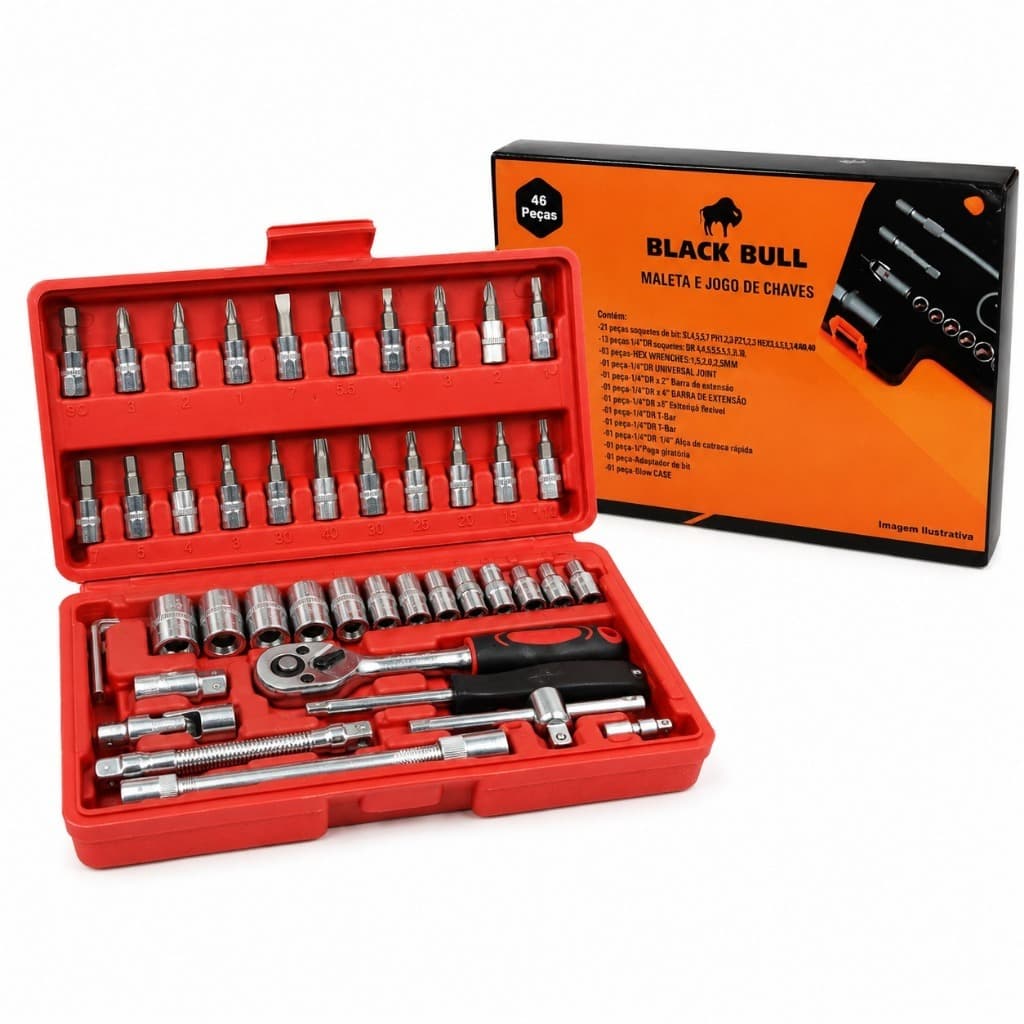 Jogo De Chaves 46 Peças Catraca Soquetes Bits Maleta Black Bull