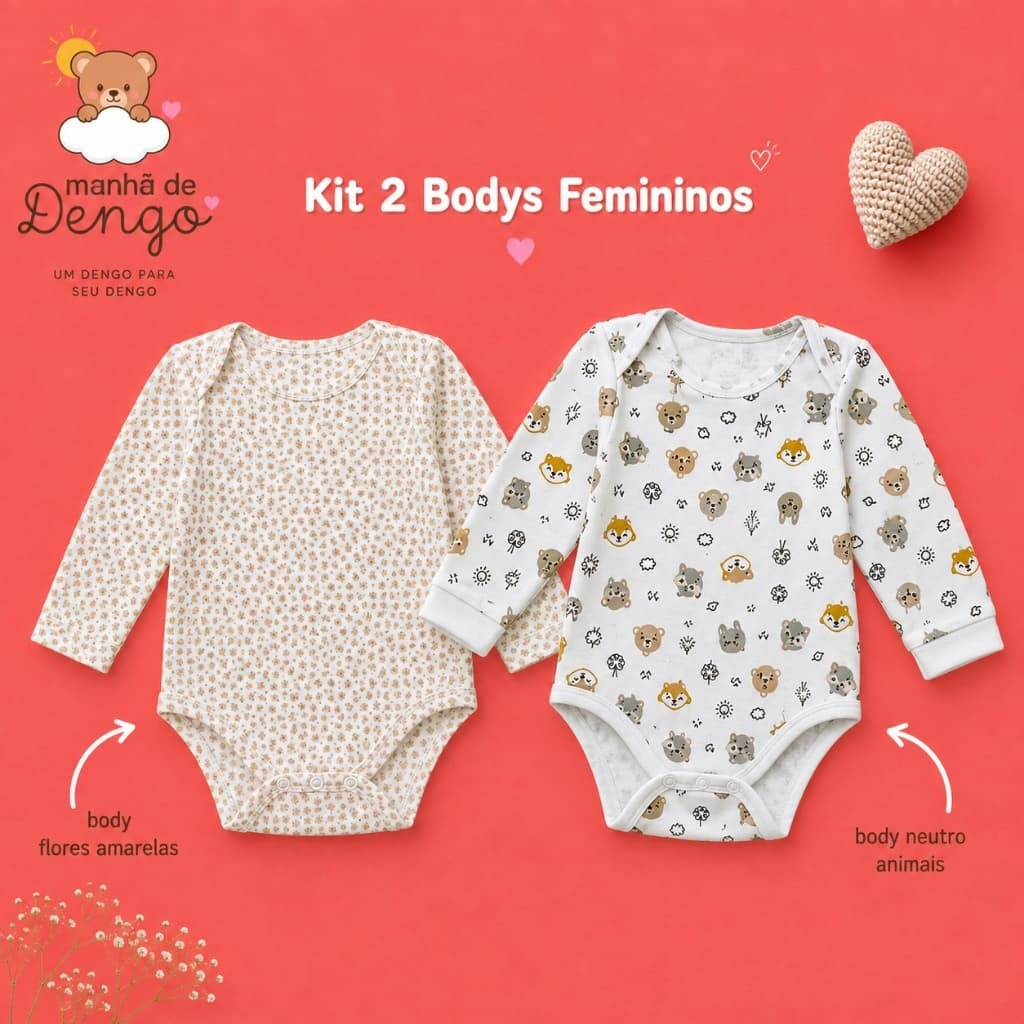 KIT 2 BODYS Bebê Menina    Infantil Estampados   Suedine 100% Algodão Hipoalergênico 2 Botões Pressão Metal Kit enxoval
