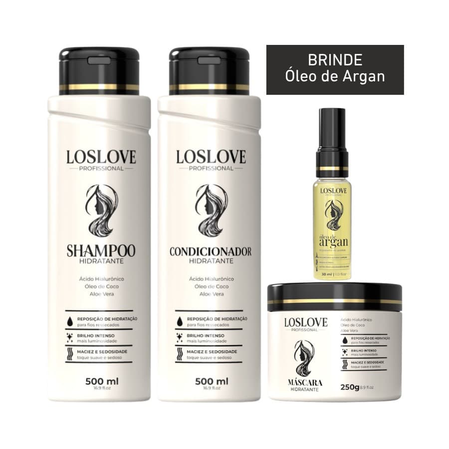 Kit Shampoo Hidratante 500ml + Condicionador 500ml + Máscara 250gr + Óleo de Argan 30ml