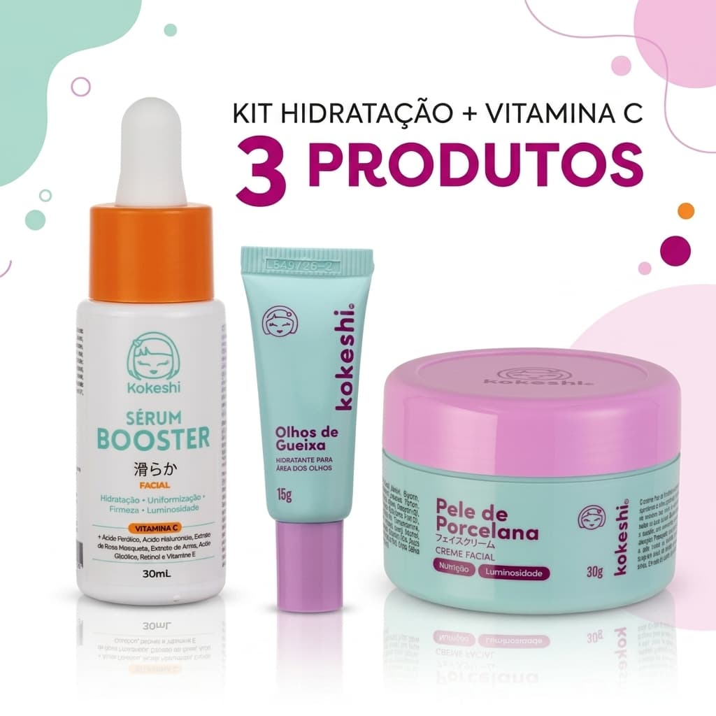 Kit Skincare Kokeshi 3 Itens Vitamina C Sérum Booster Pele de Porcelana e Olhos de Gueixa
