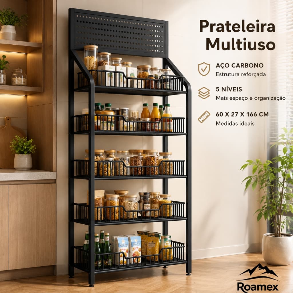 Prateleira Multiuso Organizador para Cozinha 3/4/5 Níveis em Aço Carbono com Rodízios e Ganchos 50/60cm Preta