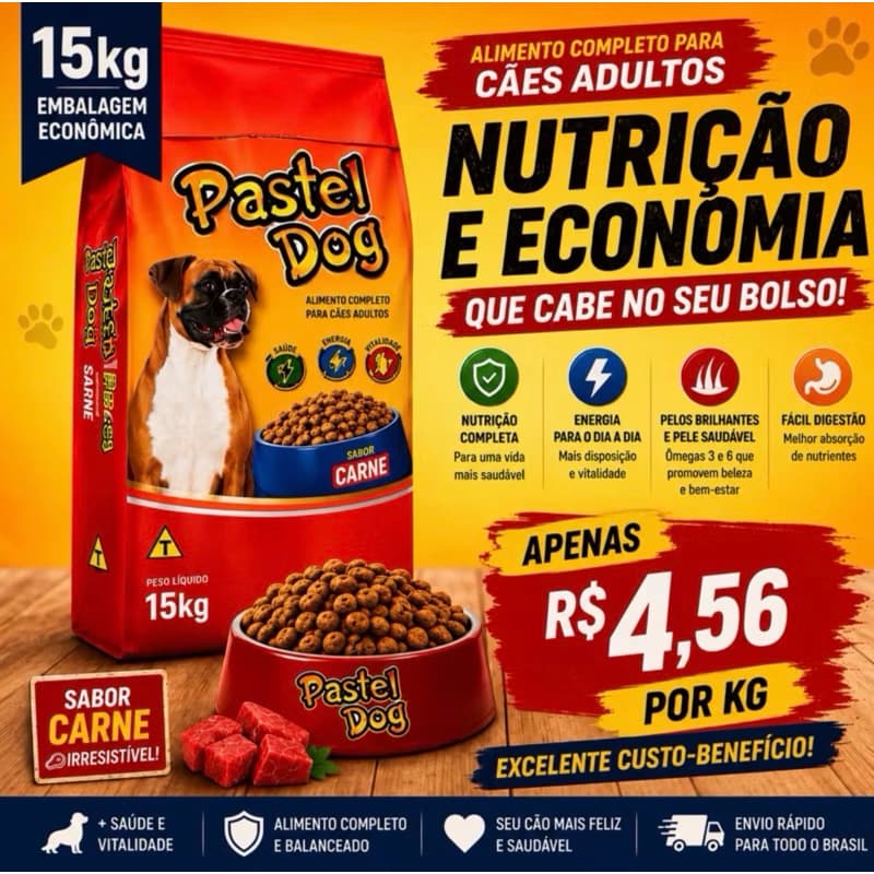 Ração Cachorro Adulto 15kg Carne Pastel Dog | Ração para Cães Adultos Completa | Ração Econômica para Cachorro