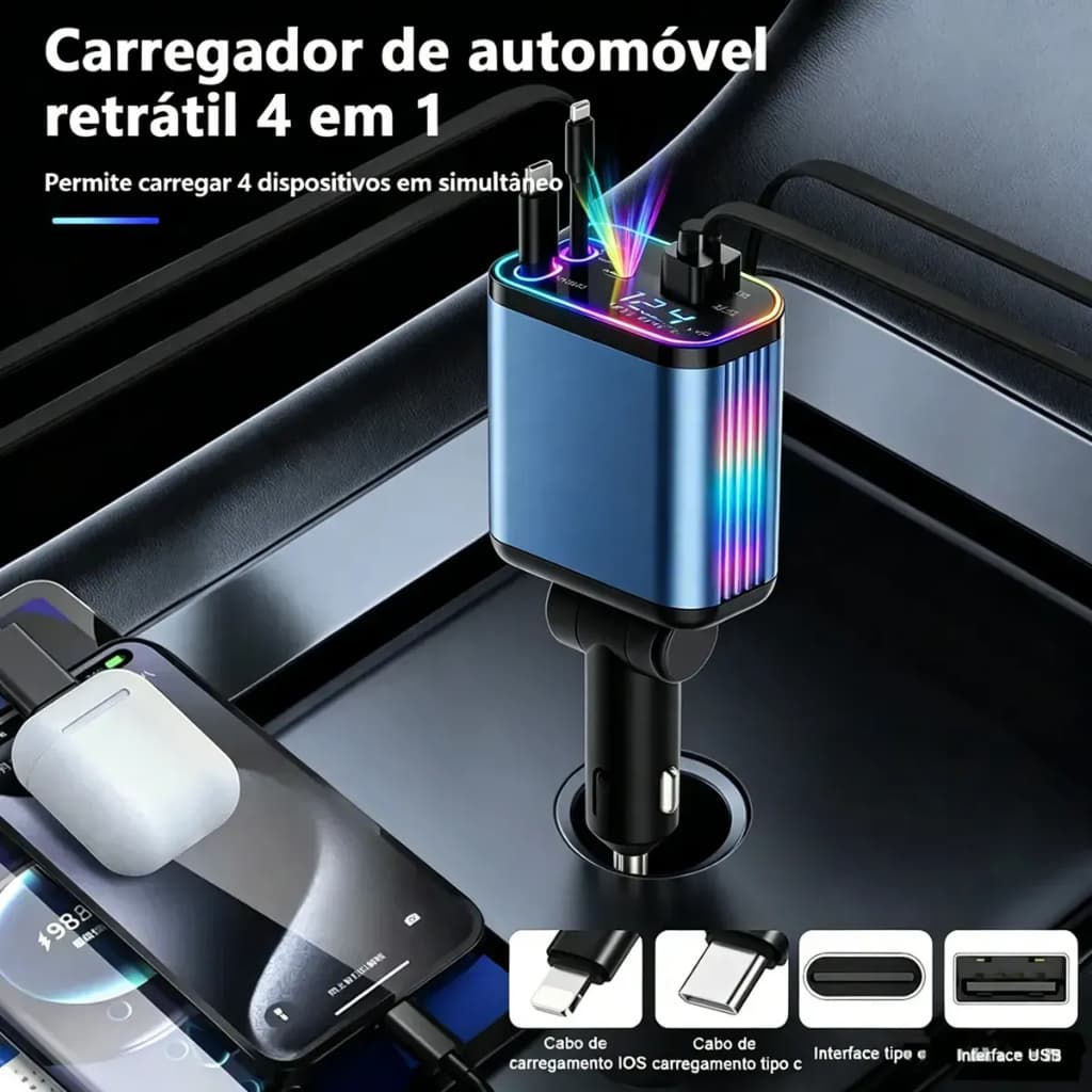 Carregador veicular retrátil com luz LED, carregador de carro rápido 4 em 1 de 120 W para iPhone e Android