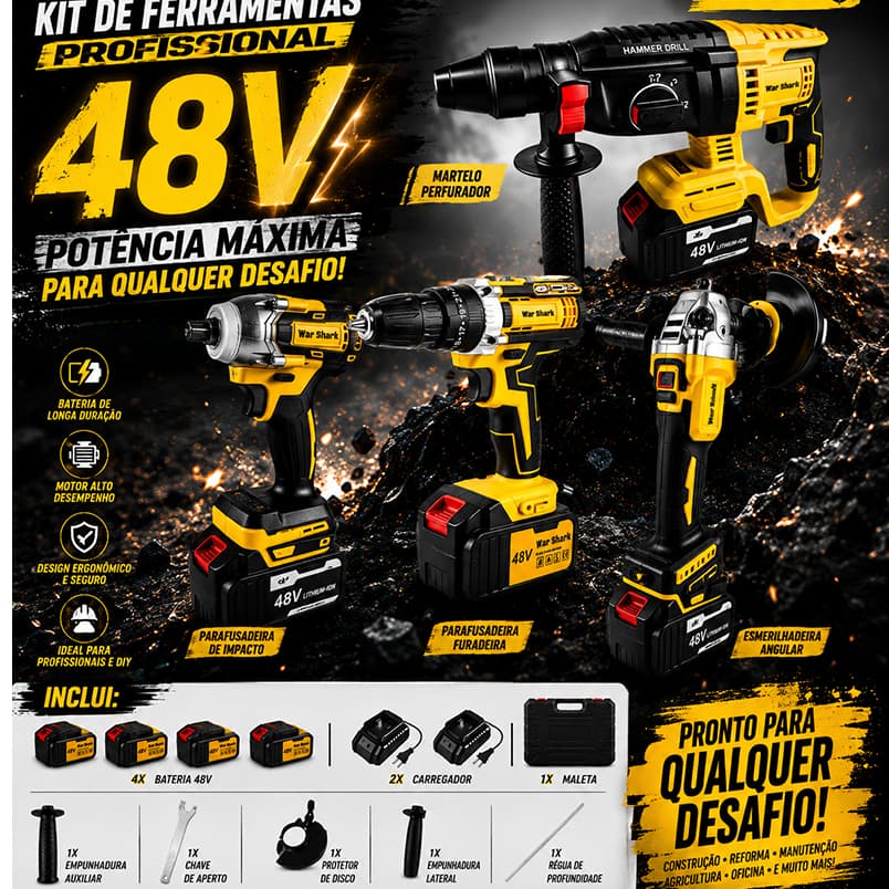 Kit 4em1 Ferramentas Martelete Esmerilhadeira Lixadeira Parafusadeira Chave Impacto 4 X Bateria 48v