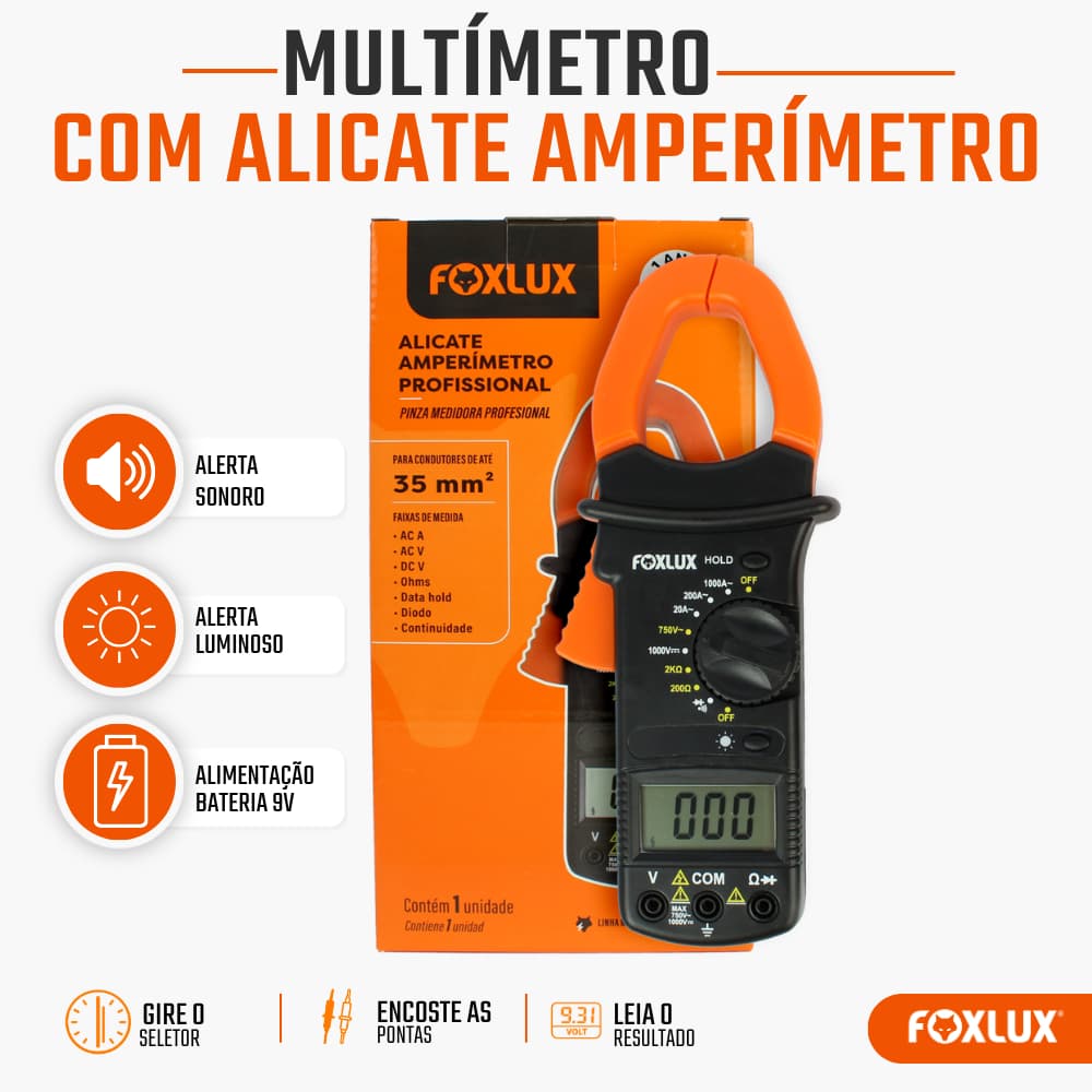 Alicate Amperímetro Digital Foxlux Multímetro 35mm² Profissional para Medições Elétricas