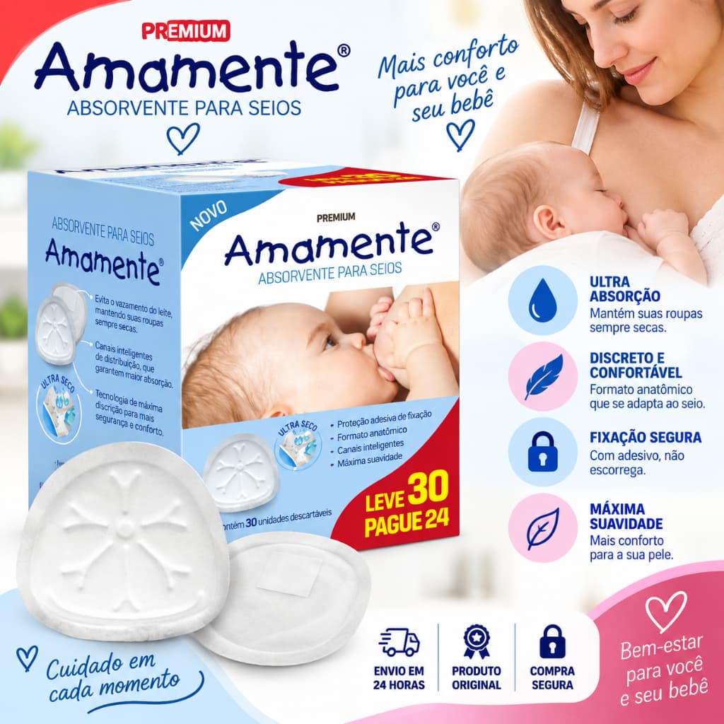 Absorvente para Seios Amamente Premium Diurno 30 Unidades Anti-vazamento Anatômico