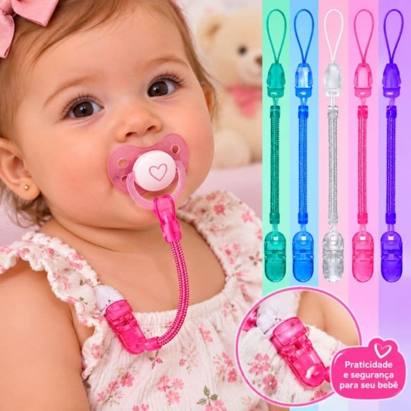 2 prendedores Cordinha Clip de chupeta bico bebê menina cor lisa mola de silicone Rosa Lilás Transparente