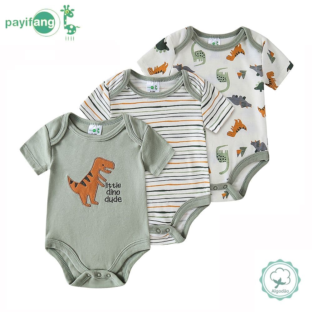 Roupa de Bebê Menino Kit Bebê 3 Bodies Manga Curta Estampado Algodão e Poliéster Enxoval P M G