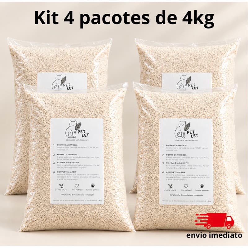 KIT 4 Areias de 4,0kg Biodegradável Higiênica Sanitária para Gatos Grãos grandes sem cheiro alta absorção