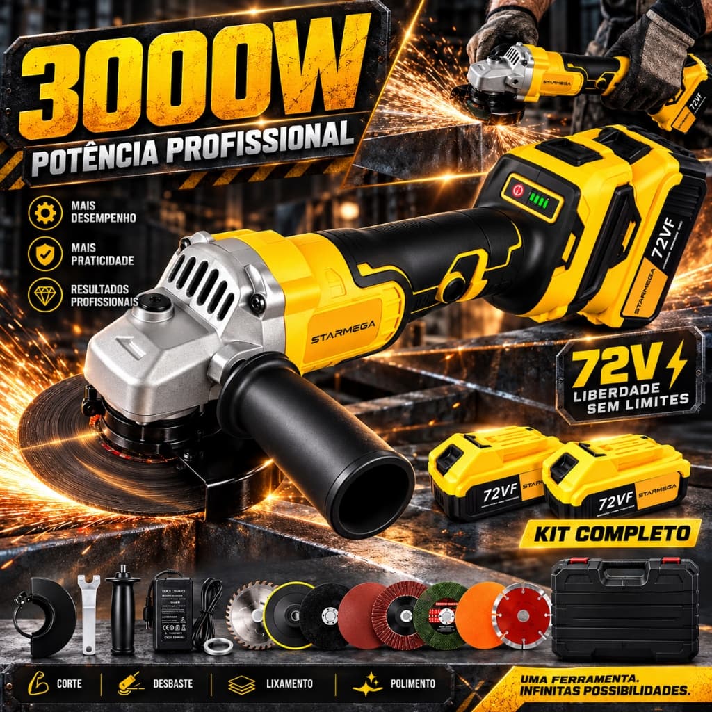 STARMEGA 3000W Esmerilhadeira Angular Sem Fio  Brushless 72V 18000RPM, 2 Baterias de Lítio Inclusas