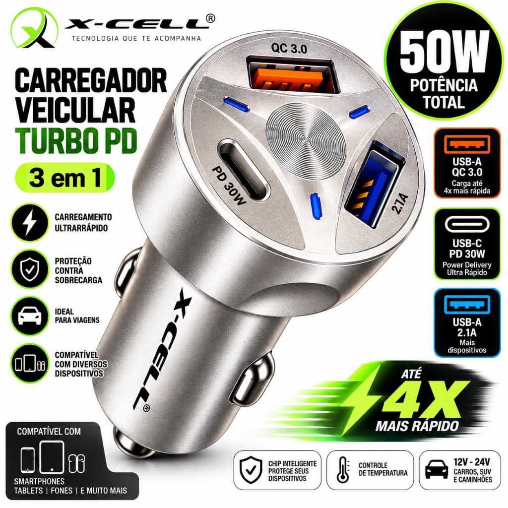 Carregador Veicular X-Cell 50W Turbo PD 3 em 1 USB-C + 2 USB Carregamento Rápido XC-V19USB