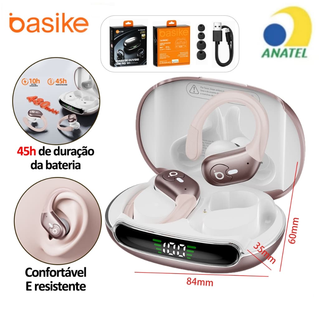 Basike Fone de ouvido com gancho Bluetooth esportivo de 45 horas Fone sem fio para gamers com classificação IPX6