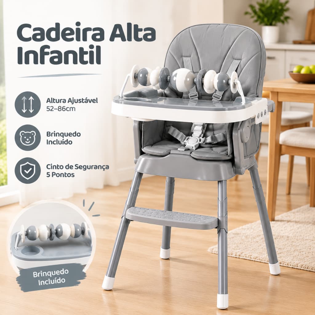 Cadeira de Alimentação Bebê Infantil Cadeira Alta Ajustável 52-86cm com Bandeja Brinquedo Incluso Kit Alimentação Cinto
