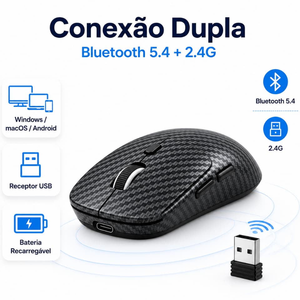Mouse Sem Fio Bluetooth 5.4 e 2.4GRecarregaivel, Ergonomico com 3 DPI paraNotebook, PC e Home Office
