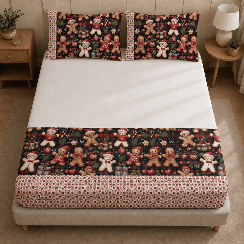Jogo de Lençol Queen 3PC 400 Fios (Jogo de Cama Natalino, Enxoval Casal, Roupa de Cama)