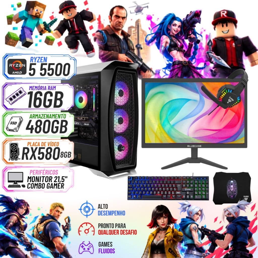 Pc Completo Gamer Ryzen 5 5500, 16gb DDR4, SSD 480gb, AMD RX580 8gb, Monitor + Combo Gamer