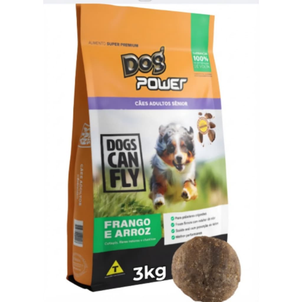 Dog Power Sênior 3kg  7+ Ração Para Cachorros Sabor Frango e Arroz Super Premium Dogs Can Fly