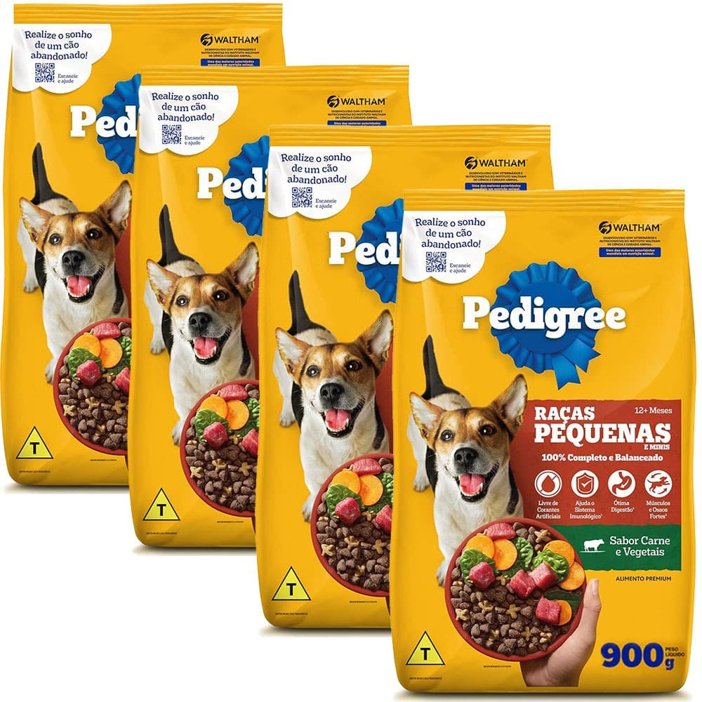 Kit Ração para Cachorro Pequenos Alimento para Cães Adultos Raças Pequenas Minis Pedigree Carne Vegetais 900g