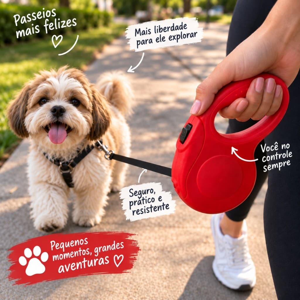 Guia Retrátil 3 Metros para Cachorro Pequeno e Médio Porte com Trava de Segurança Cabo Ergonômico Coleira Passeio Pet