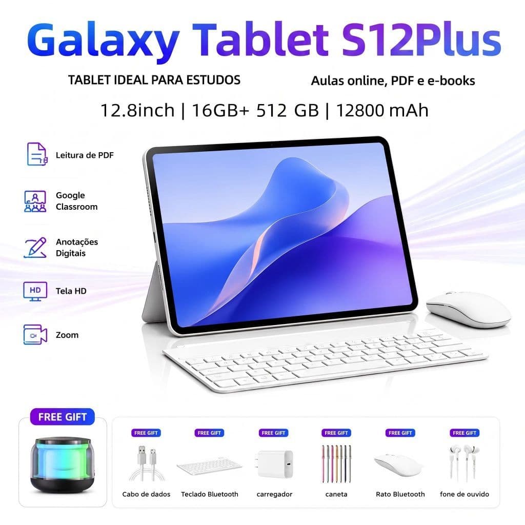 Tablet PC Galaxy S12 Plus 12.8" ROM 16GB + 512GB ROM Tela FHD+ Android 16 Câmeras 32MP + 58MP Teclado Mouse Presente