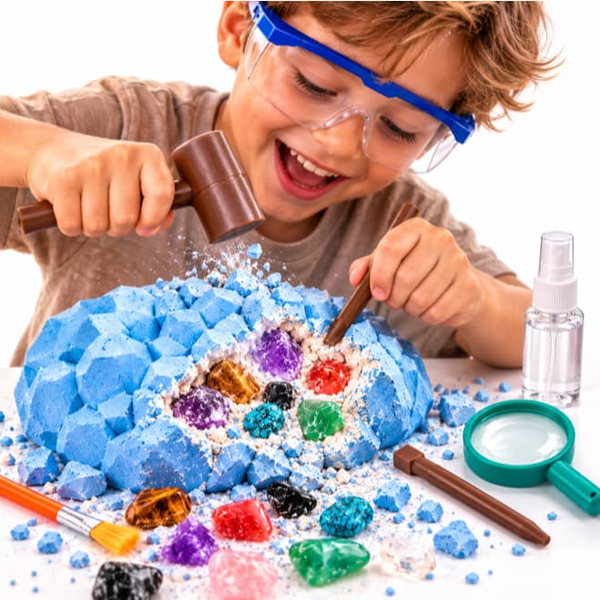 Kit de Escavação Infantil Brinquedo de Arqueologia com Pedras Cristais Ferramentas Lupa e Óculos Educativo