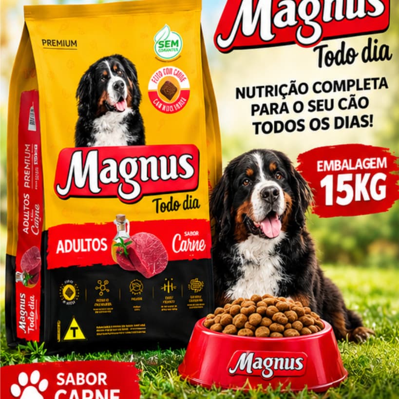 Ração Magnus Premium Todo Dia Cães Adultos Sabor Carne 15kg - Embalagem Original Fábrica