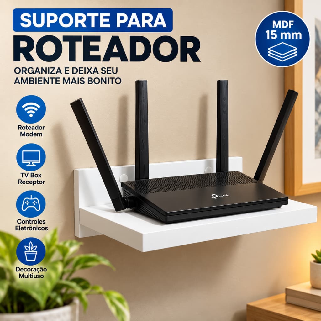 Suporte para Roteador Modem Wi-Fi de Parede Prateleira MDF 15mm Organizador