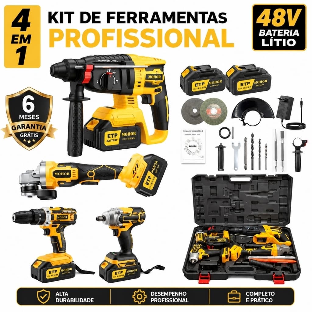 Kit 4 Máquinas 48V Sem Fio com 2 Baterias Chave de Impacto 800Nm Furadeira Esmerilhadeira Martelete