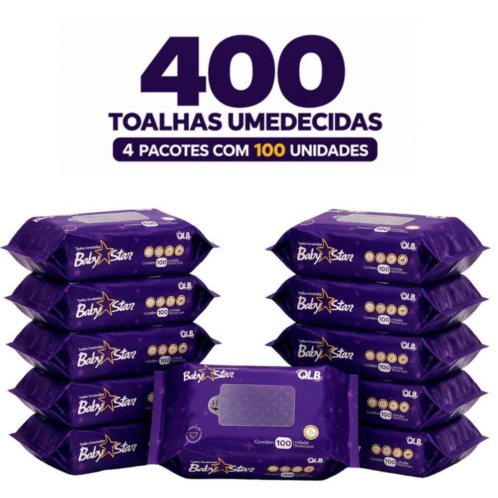 Caixa com 4 Lenços/Toalhas Umedecidas Baby Star Roxa c/ 100 Unidades Cada – Sem Tampa FlipTop