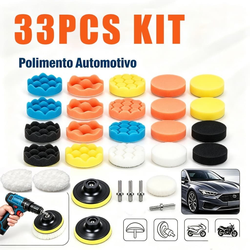 Kit Boina Automotiva Polimento 3 Pol 33 Peças Espuma e Lã Com Suporte Para Furadeira e Parafusadeira
