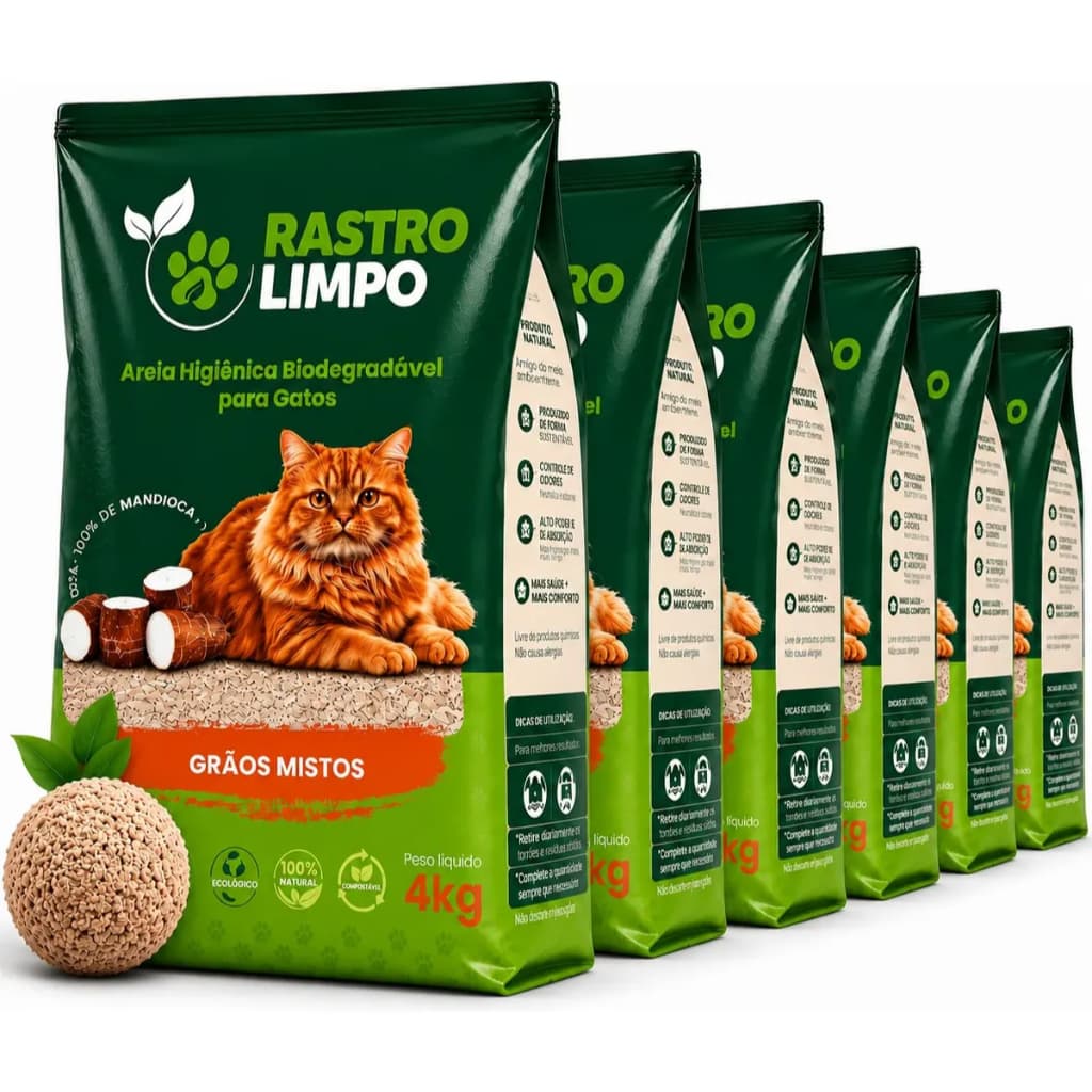 Areia Para Gatos 28kg Biodegradável 100% Mandioca Grãos Mistos Sanitária Higiênica Granulado Rastro Limpo